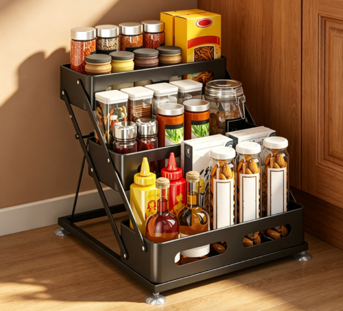 Three-layer foldable kitchen countertop spice rack